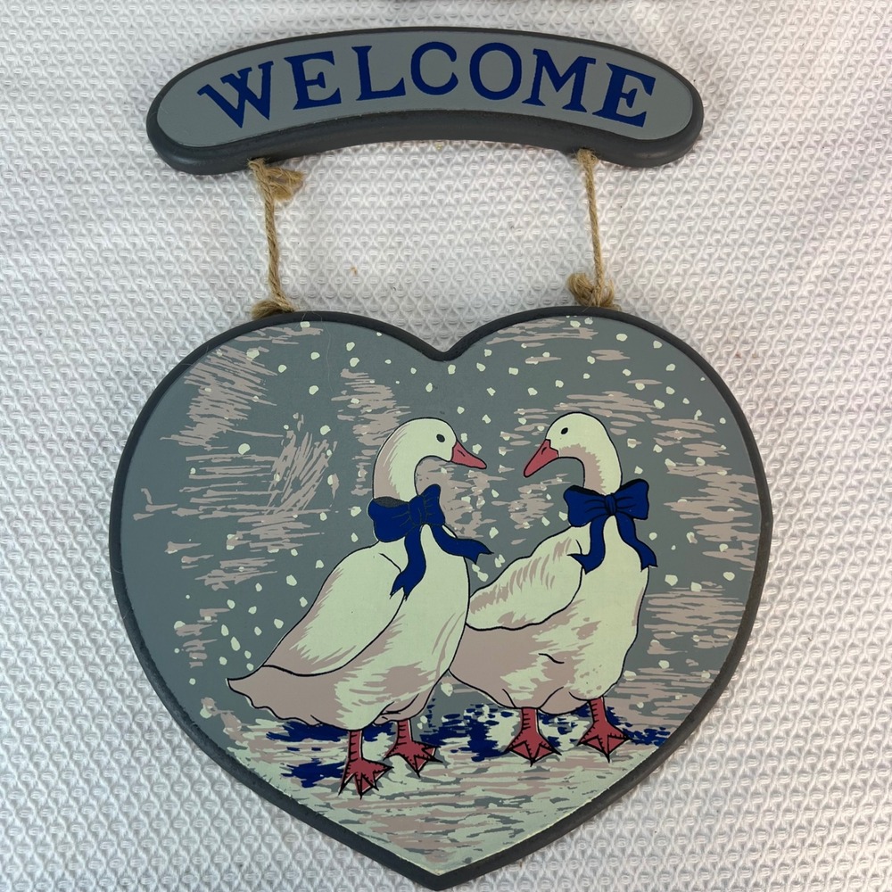 VTG Welcome Geese Plaque Vintage Heart Wall Decor Door Hanger Cottagecore Ribbon
